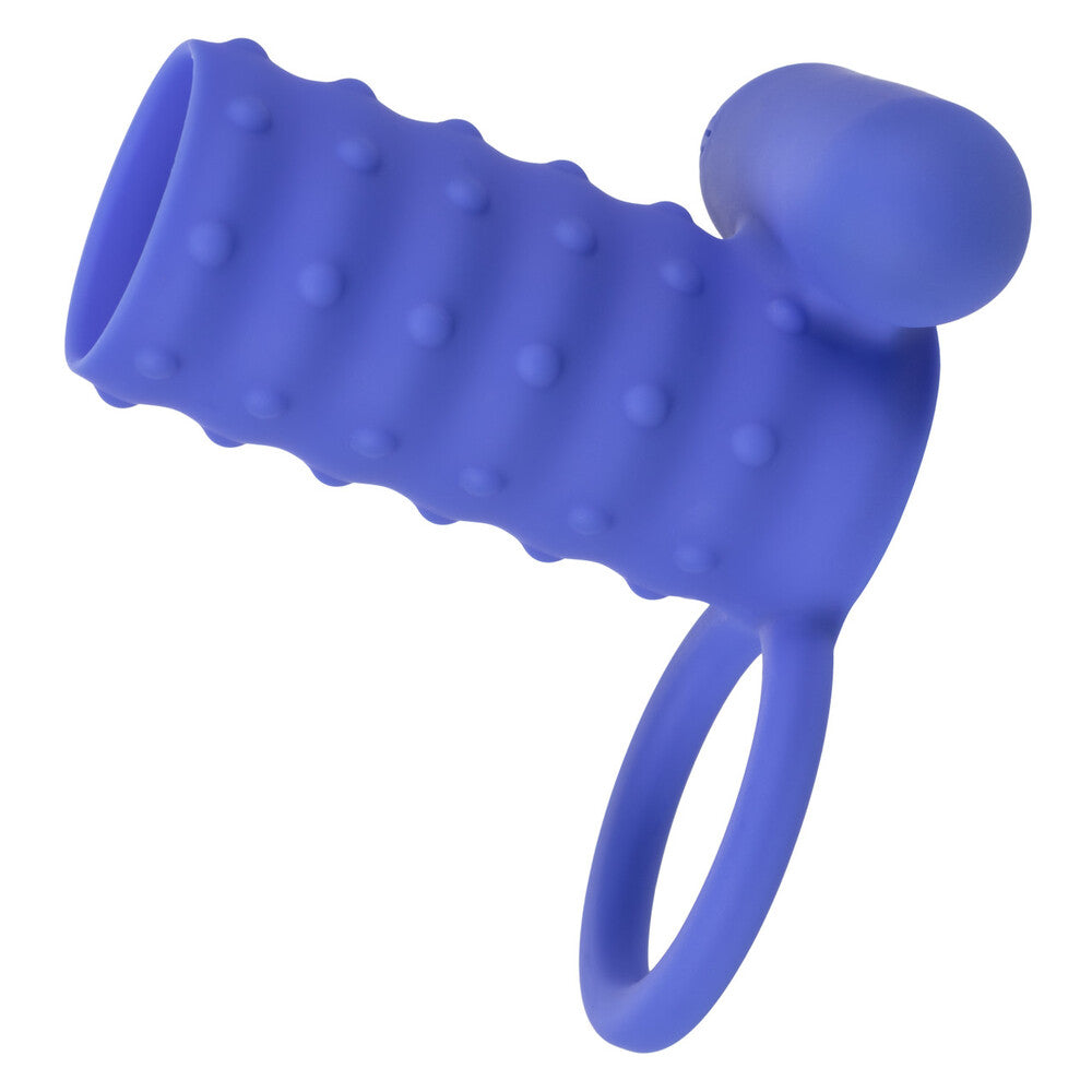 Blue silicone ring with textured design on a white background
