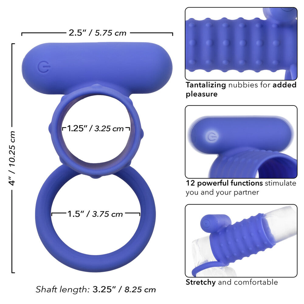Blue silicone ring with measurements and features on a white background