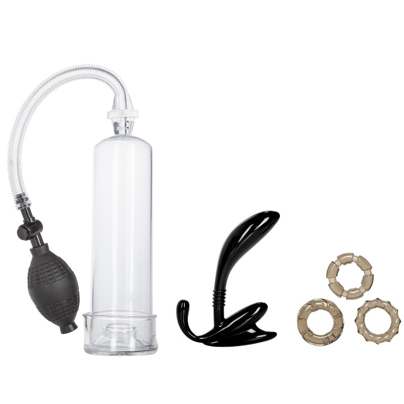 Clear plastic bottle with black pump, black clip, and three beige rings on a white background