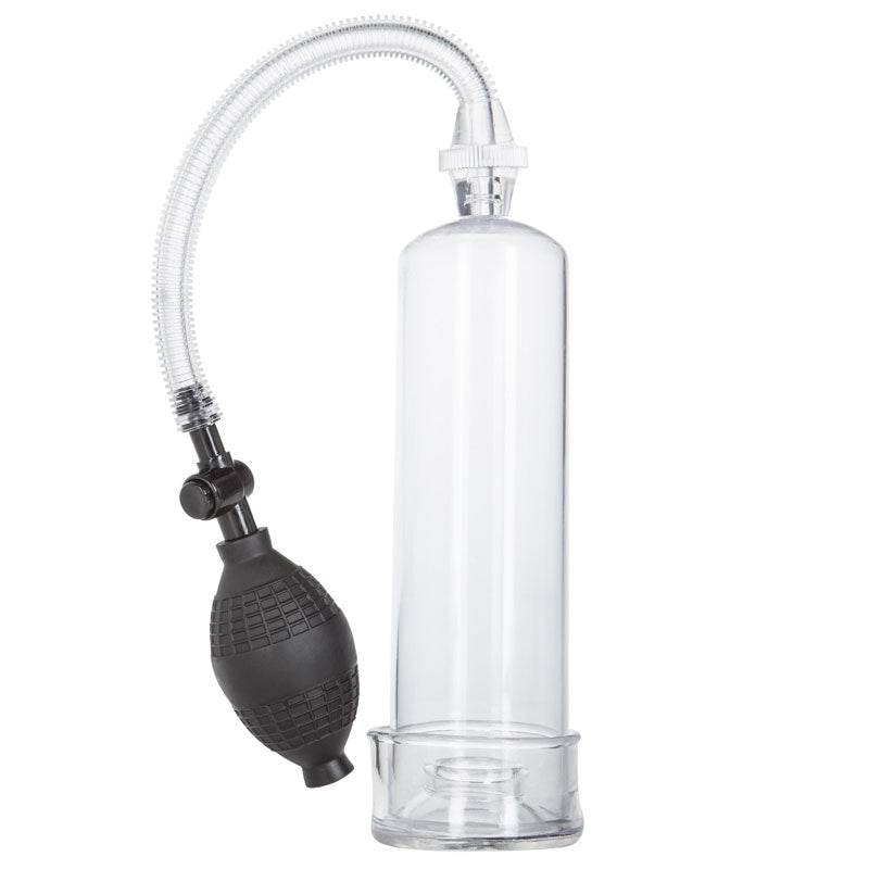 Clear plastic bulb pump with black nozzle on a white background