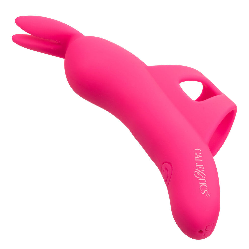 A pink, ergonomically curved finger vibrator with a contoured design and added bunny ears. The product is packaged in a box that highlights its main features, including 10 vibration functions and a USB rechargeable design.