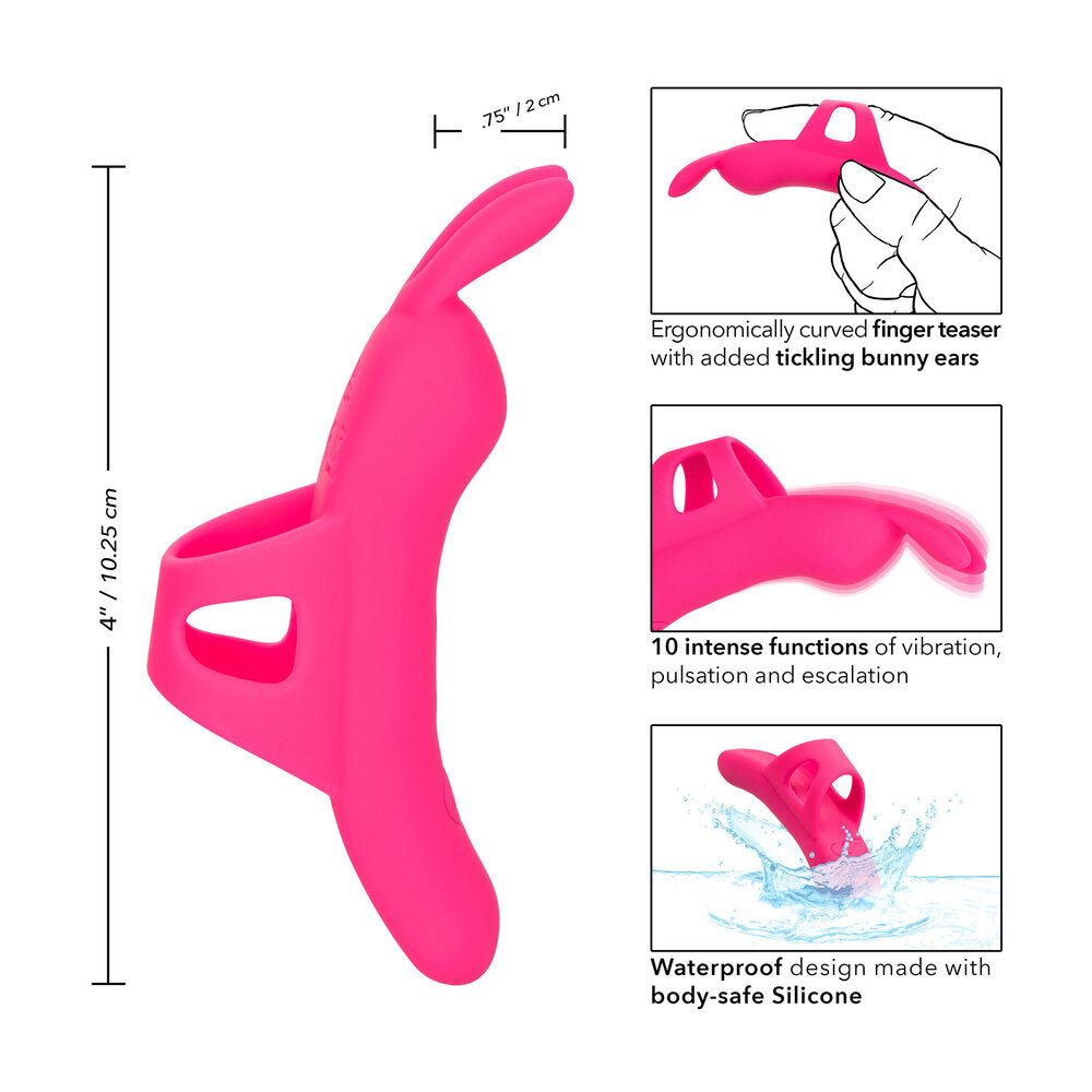 A pink, ergonomically curved finger vibrator with a contoured design and added bunny ears. The product is packaged in a box that highlights its main features, including 10 vibration functions and a USB rechargeable design.