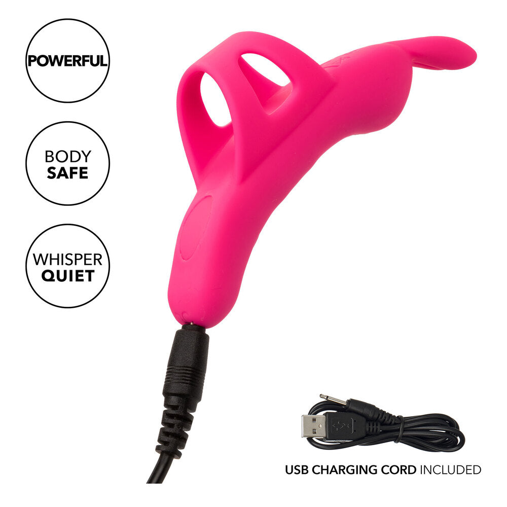 A pink, ergonomically curved finger vibrator with a contoured design and added bunny ears. The product is packaged in a box that highlights its main features, including 10 vibration functions and a USB rechargeable design.