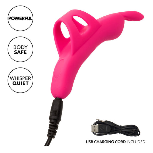 A pink, ergonomically curved finger vibrator with a contoured design and added bunny ears. The product is packaged in a box that highlights its main features, including 10 vibration functions and a USB rechargeable design.