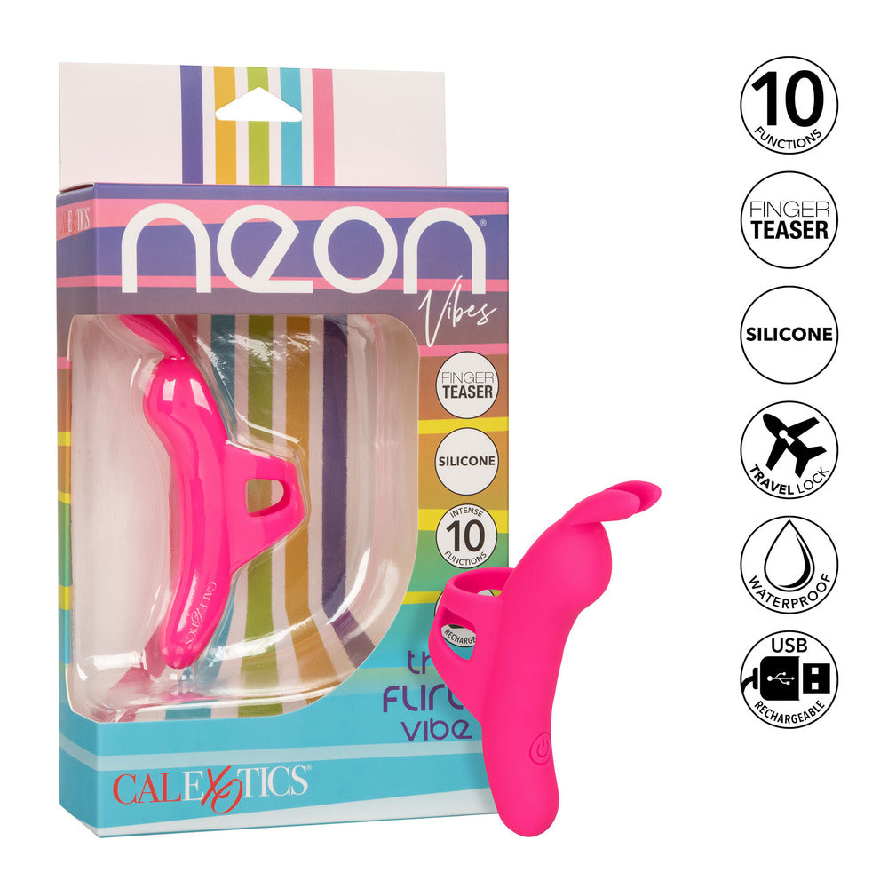 A pink, ergonomically curved finger vibrator with a contoured design and added bunny ears. The product is packaged in a box that highlights its main features, including 10 vibration functions and a USB rechargeable design.