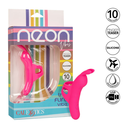 A pink, ergonomically curved finger vibrator with a contoured design and added bunny ears. The product is packaged in a box that highlights its main features, including 10 vibration functions and a USB rechargeable design.