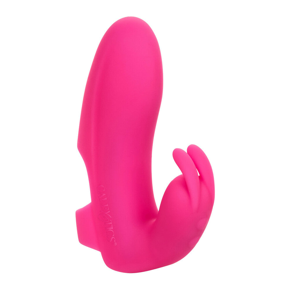 A pink, finger-shaped vibrator with a small rabbit stimulator, shown against a white background.