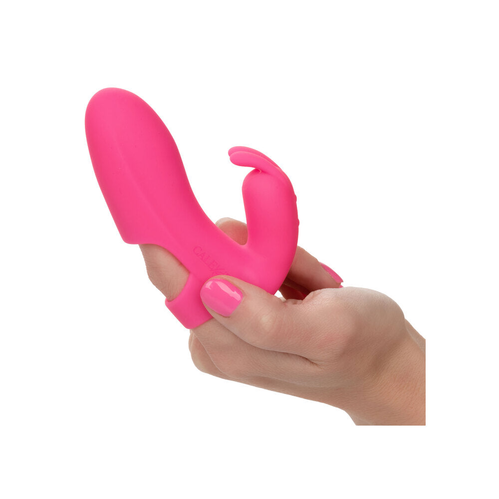 A pink, finger-shaped vibrator with a small rabbit stimulator, shown against a white background.
