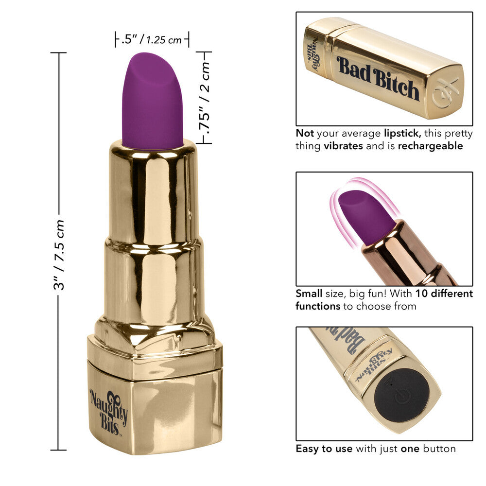A gold lipstick-shaped vibrator with a deep purple tip, branded 'Bad Bitch' on the shiny casing.