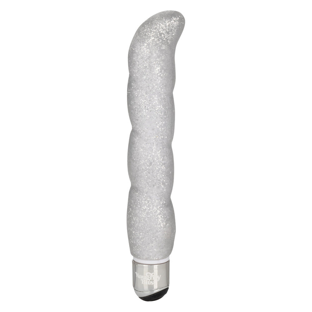A silver, glittery g-spot vibrator with a curved tip and ribbed texture. The bottom part has a built-in power base.
