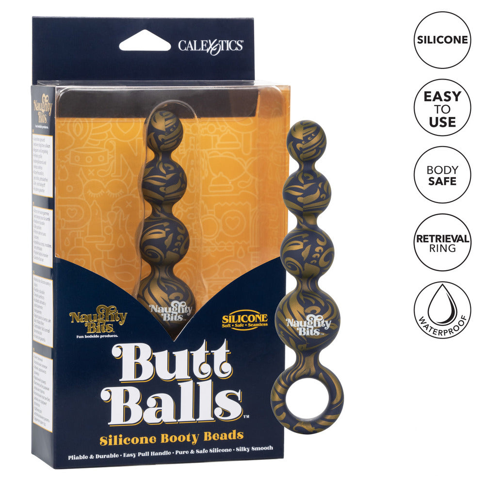 Packaging of Butt Balls silicone booty beads with branding and product features.