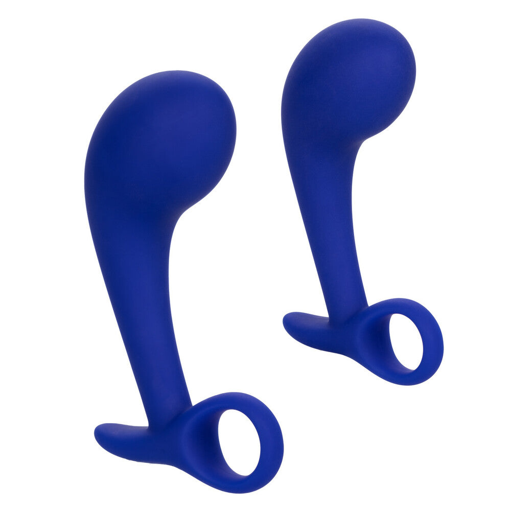 Two blue silicone earbud tips on a white background