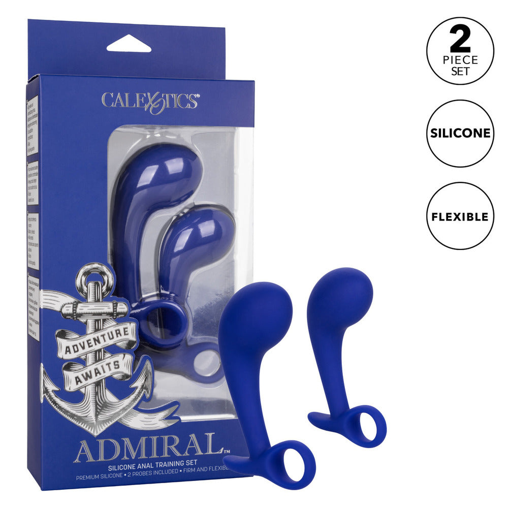 Blue silicone anal training set with packaging and 'Adventure Awaits' anchor design.