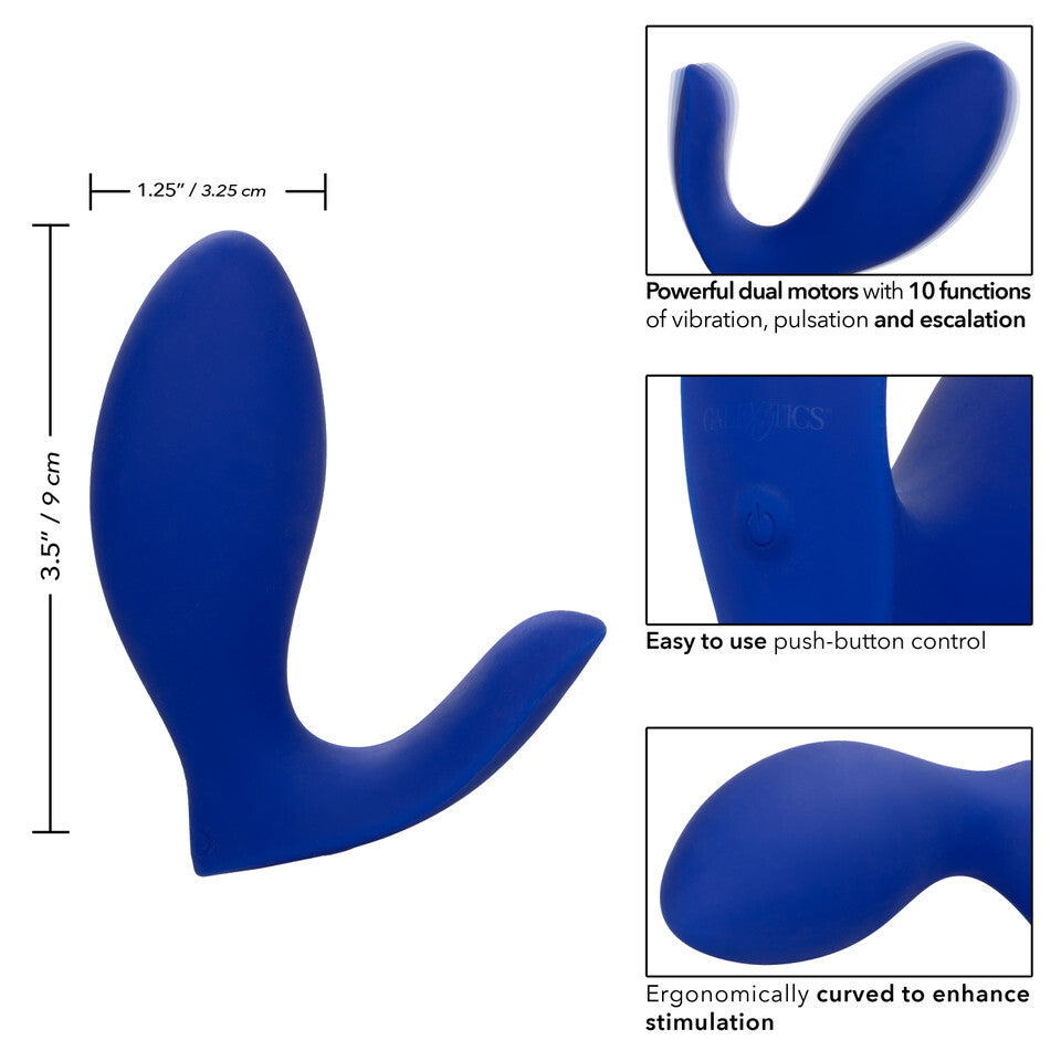 Blue silicone product with measurements and features on a white background