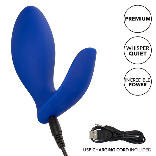 Blue silicone device with USB charging cord on a white background