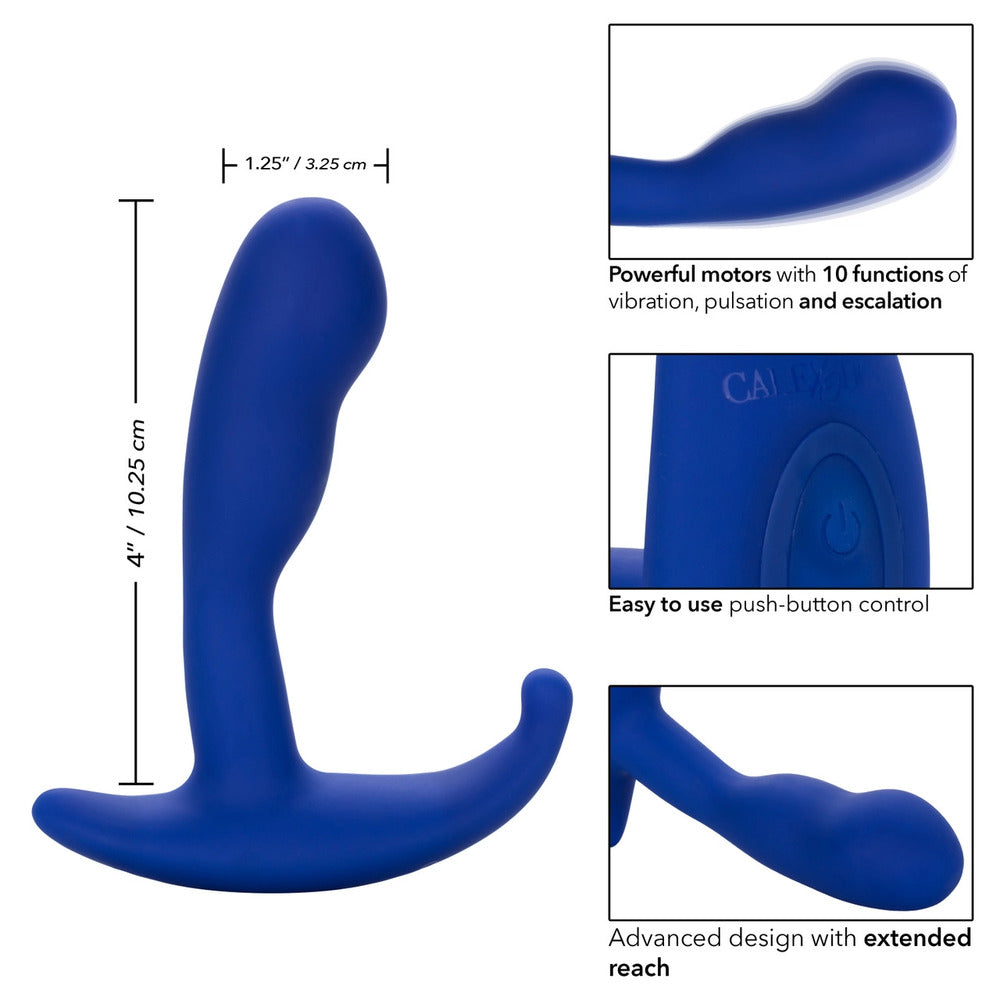 Blue silicone product with measurements and features on a white background