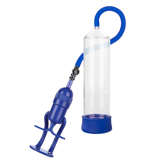 Blue and clear plastic device with a handle on a white background