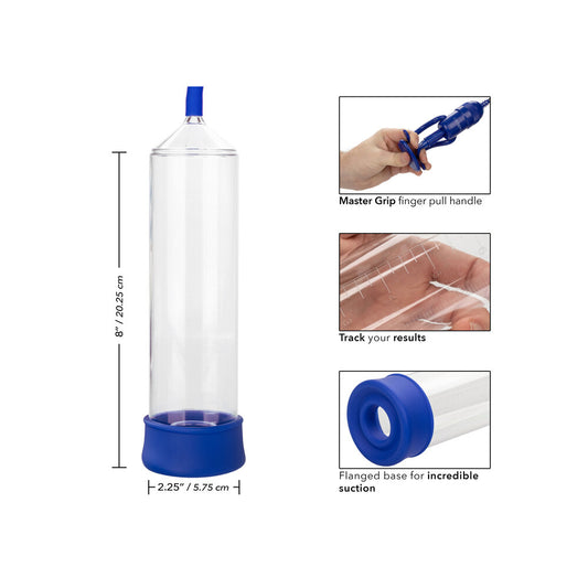 Clear tube with blue accents, featuring measurements and usage instructions on a white background.