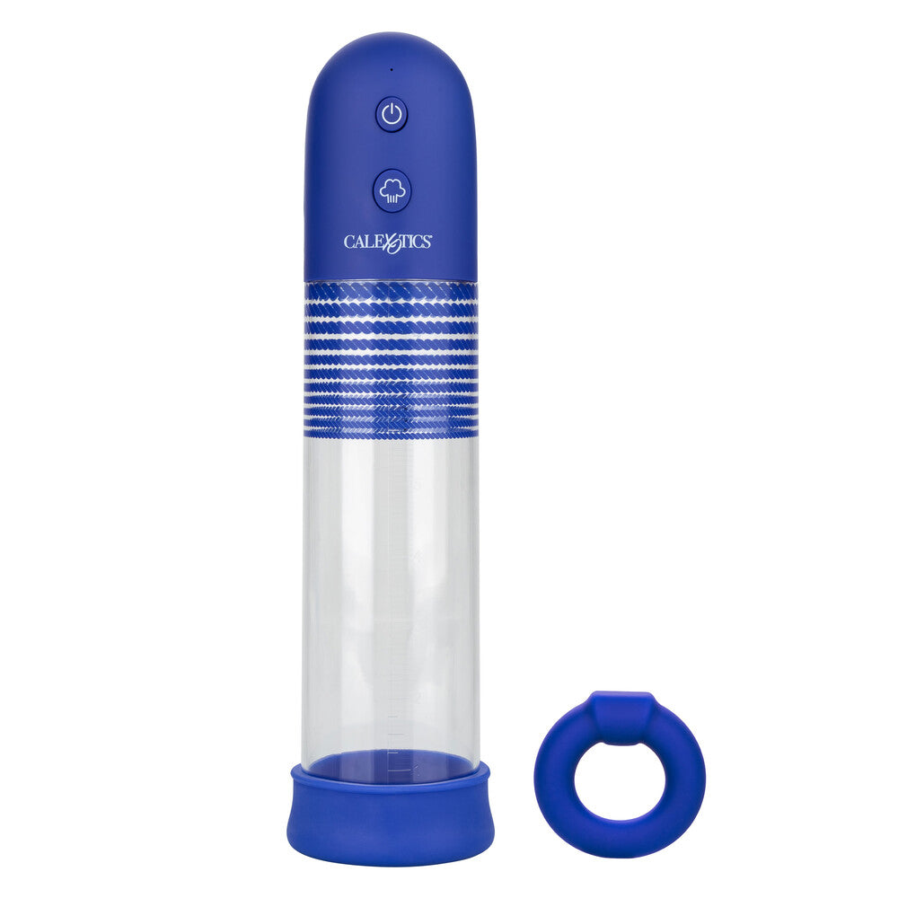Blue and clear cylindrical device with a ring on a white background