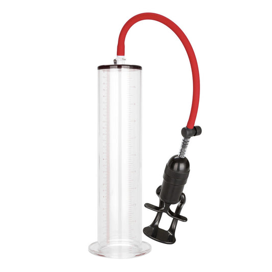 Hummingbird feeder with a red tube and black base on a white background