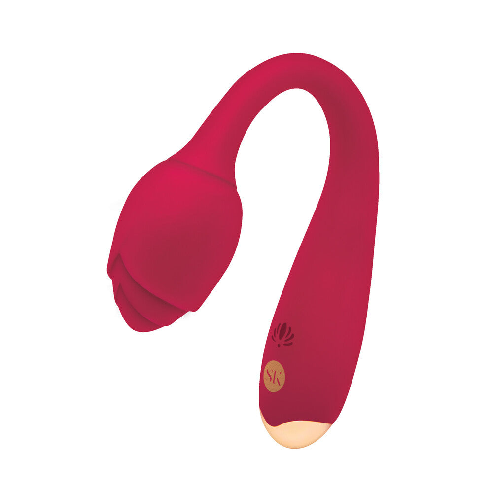 A red long-stemmed vibrator with a smooth silicone body and a rosebud-shaped top. It has a sleek and slim design.