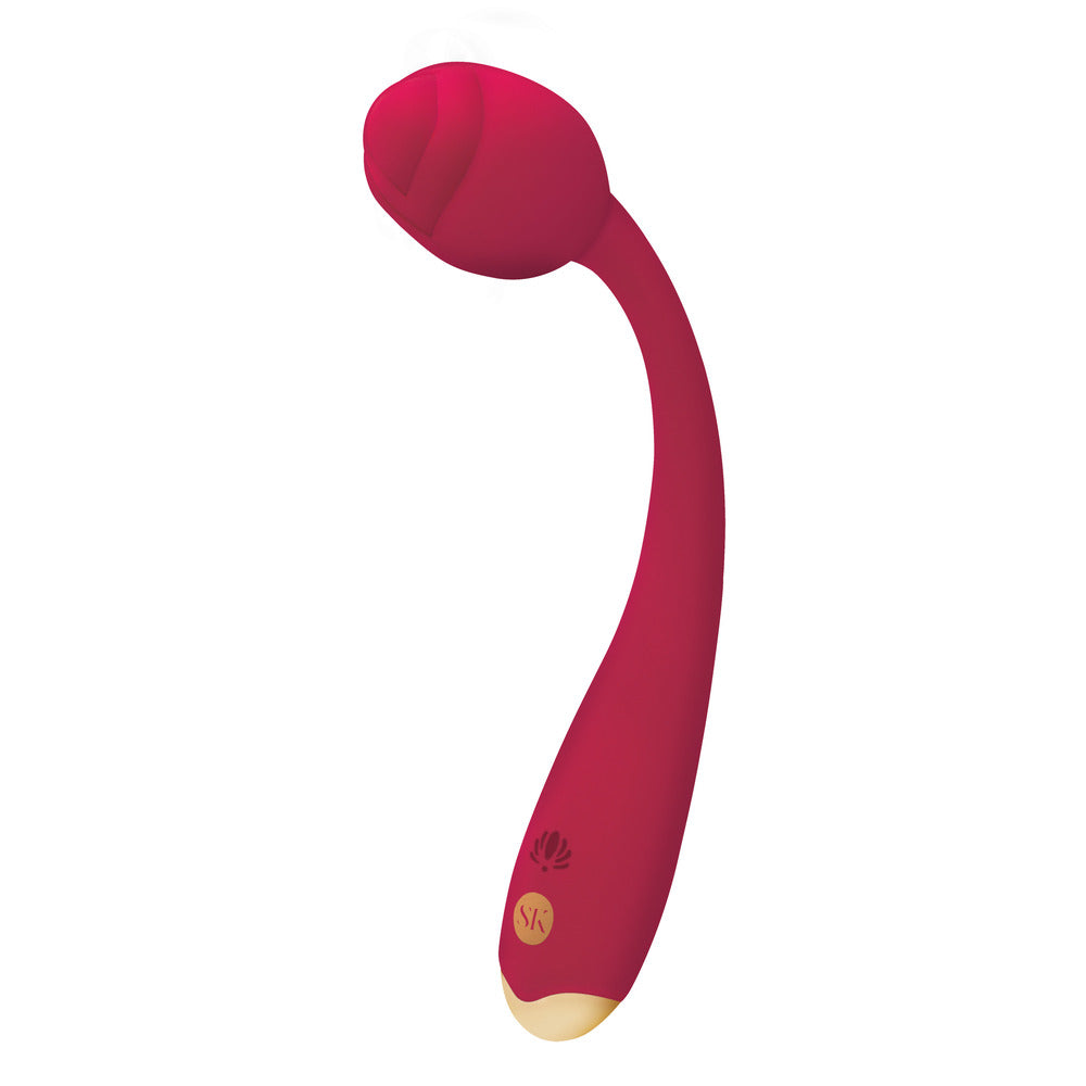A red long-stemmed vibrator with a smooth silicone body and a rosebud-shaped top. It has a sleek and slim design.