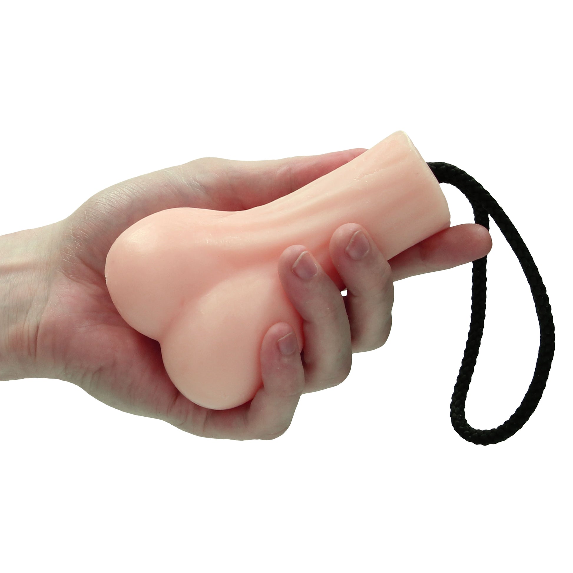 A pink bar of soap designed to resemble male genitalia, attached to a black rope for hanging. The soap is displayed against a white background.