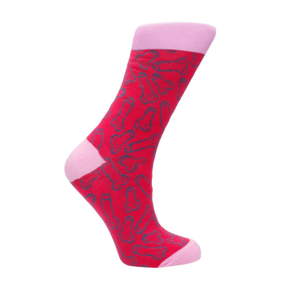 A red sock with a geometric pattern, featuring pink accents and a heel.