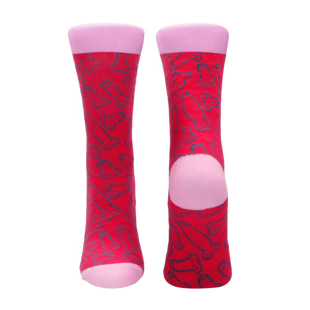 A red sock with a geometric pattern, featuring pink accents and a heel.