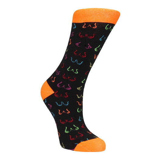 A pair of black socks with colorful heart patterns and orange tips.