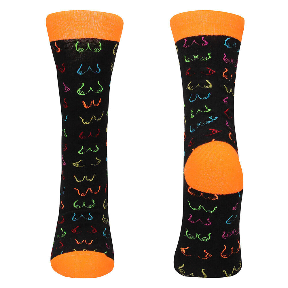 A pair of black socks with colorful heart patterns and orange tips.