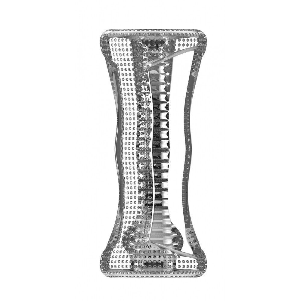 A clear, ribbed male masturbator made of TPE with a textured exterior for enhanced grip.