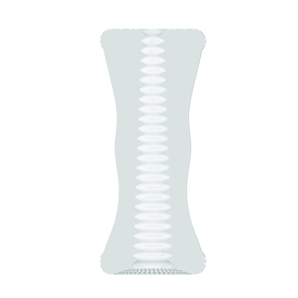 White plastic tool with ribbed design on a white background