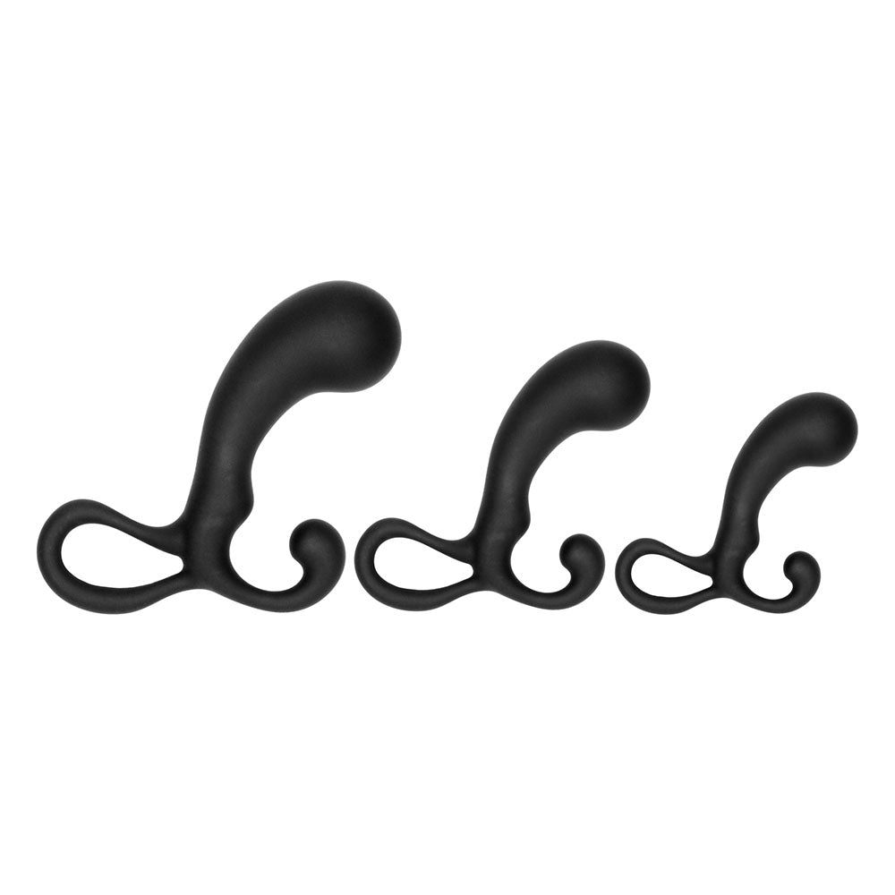 Three black decorative wall hooks on a white background