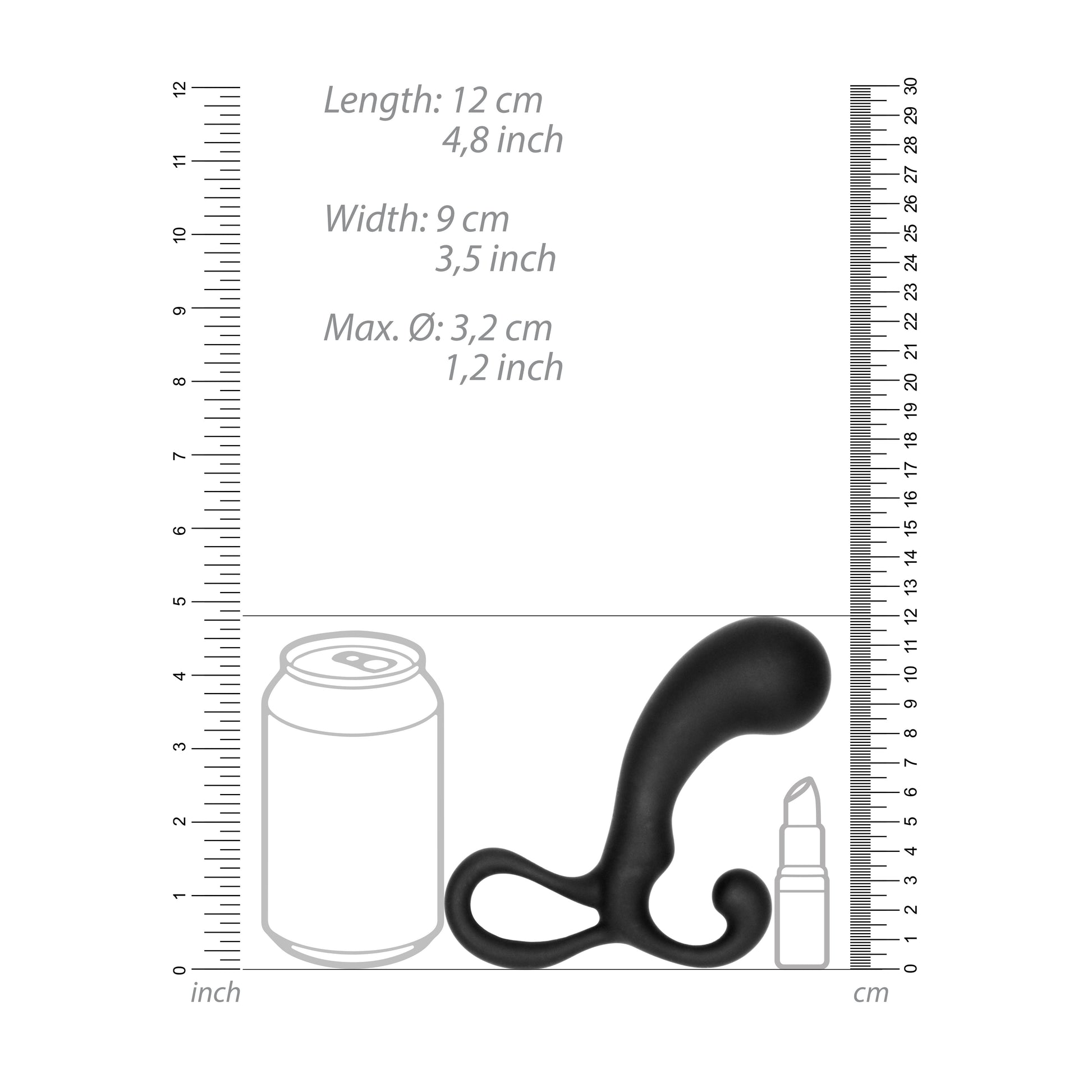 Black curved object with measurements against a white background