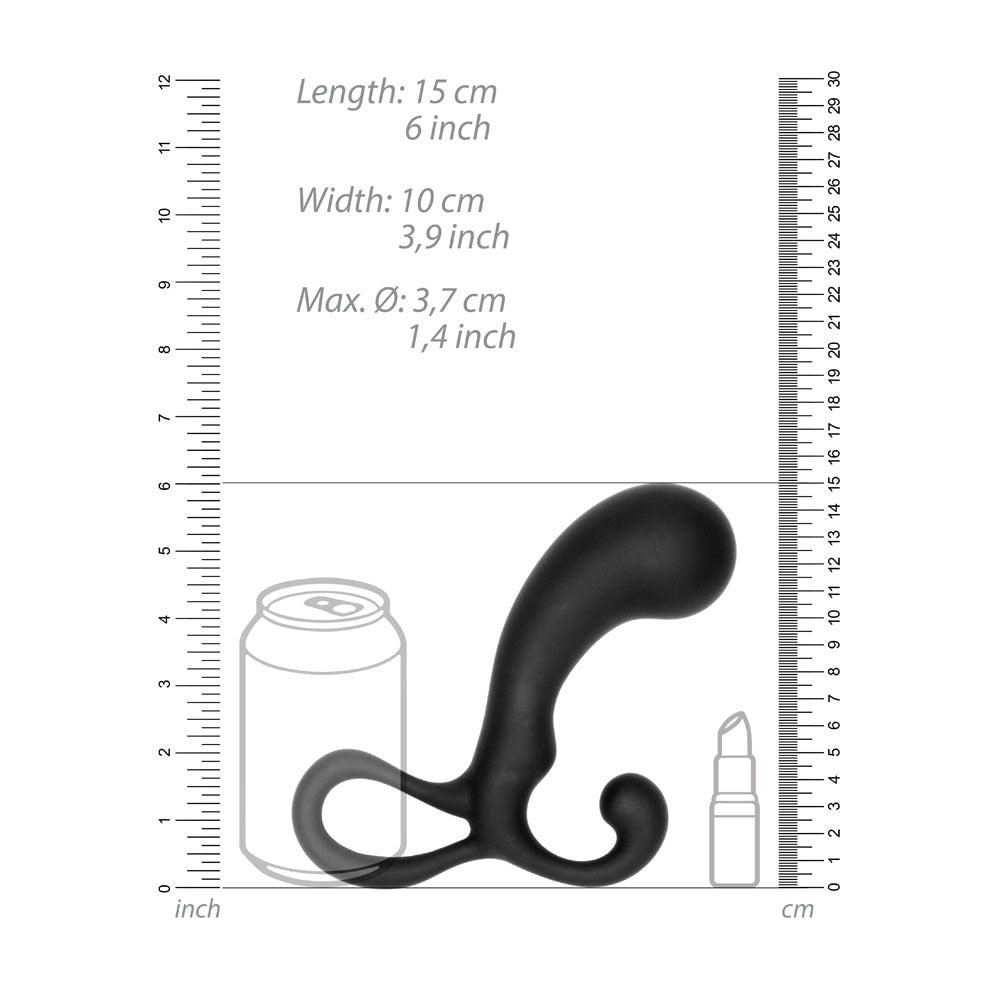 Black curved object with measurements against a white background