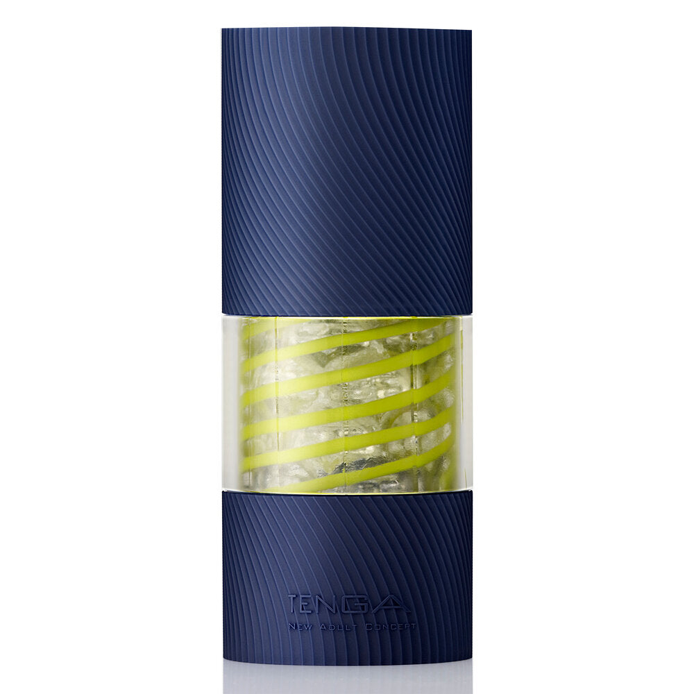 Blue and white pepper grinder with yellow interior on a white background