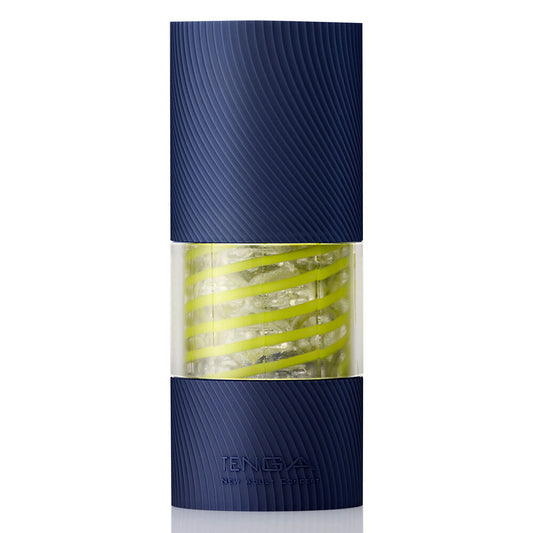 Blue and white pepper grinder with yellow interior on a white background