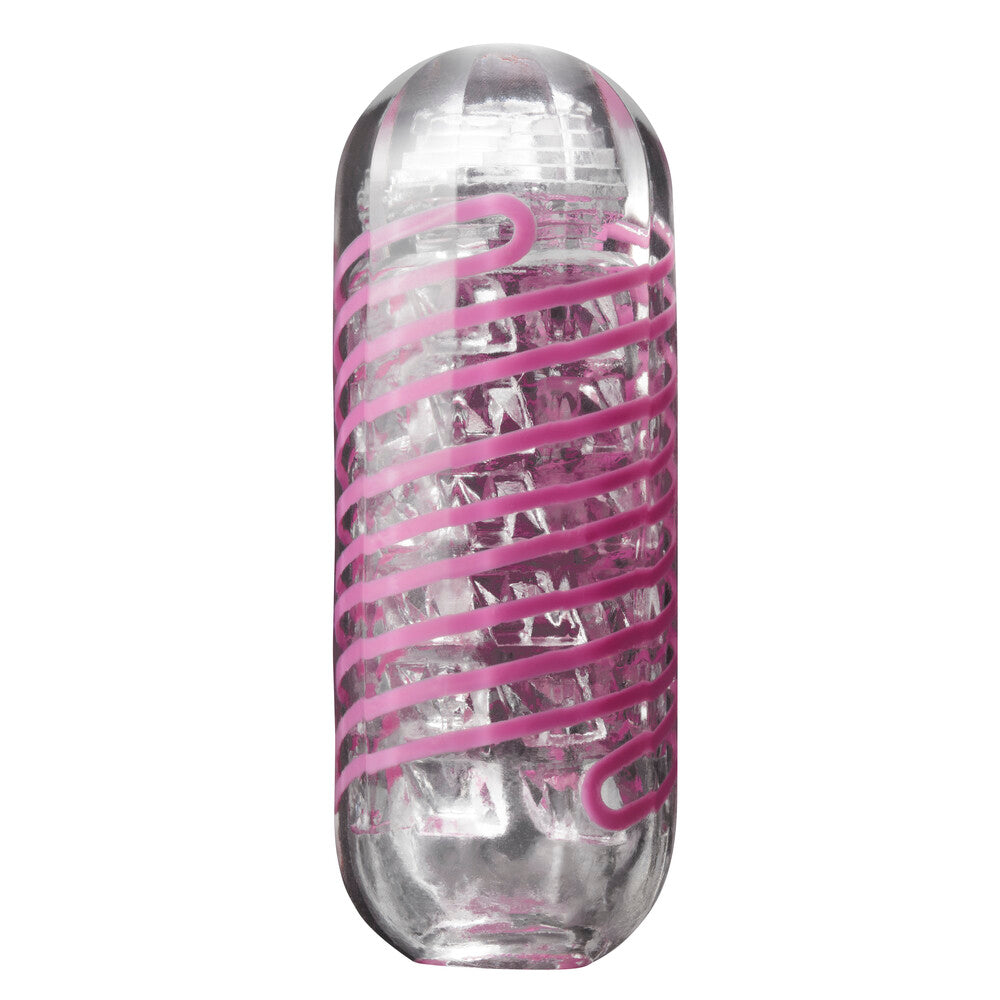Clear cylindrical container with pink ribbed band on a white background