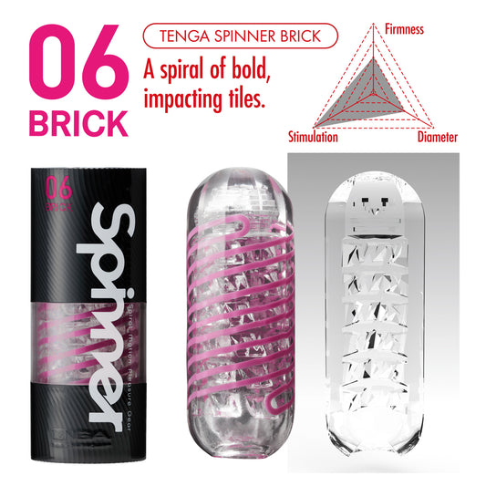 Tenga Spinner Brick packaging with product and features on a white background