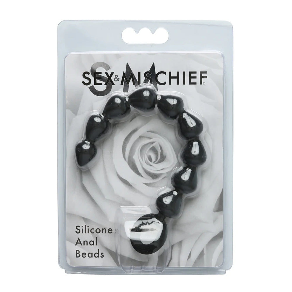 Silicone anal beads in packaging with 'Sex & Mischief' branding.