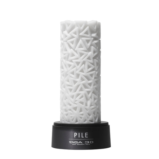 White cylindrical product with geometric pattern on a black base, branded 'Pile' by Tenga 3D.