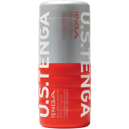 A TENGA Double Hole Cup Ultra Size Masturbator in white and red packaging, indicating the dual canal feature and ultra size.