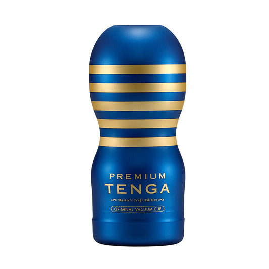 Blue and gold Tenga product on a white background
