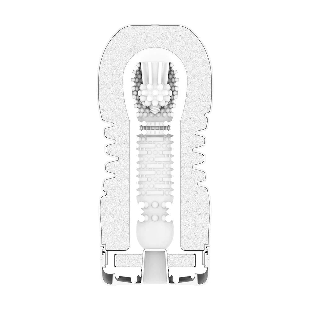 Clear plastic tool with multiple components on a white background