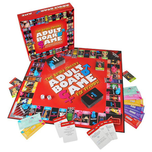 The image shows a vibrant and colorful adult board game set, including the board, various game pieces, cards, and dice. The game pieces are designed with playful names like Cock, Beaver, Puppies, and others, and the theme of the game is evident from the bold, red background and the game's packaging.