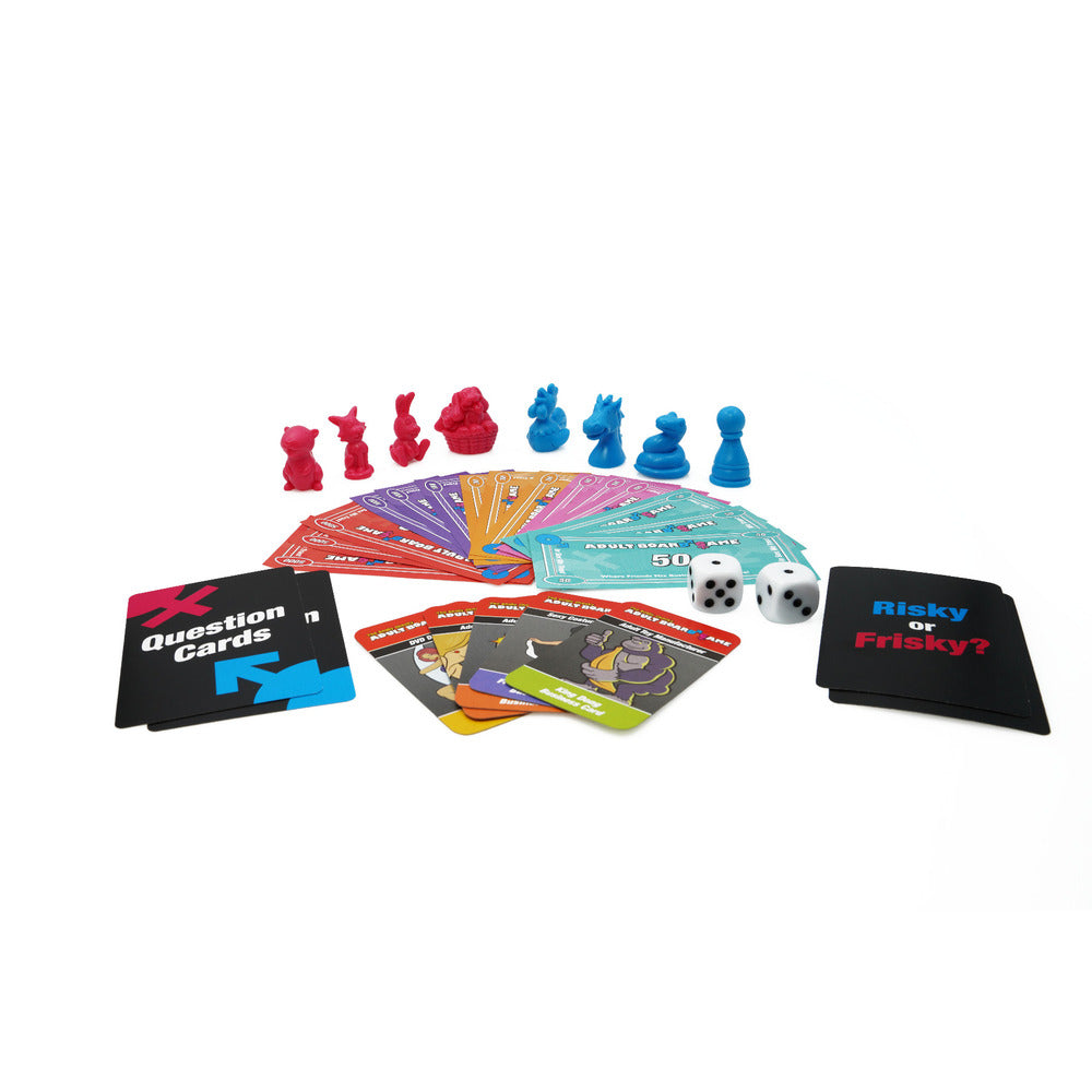 The image shows a vibrant and colorful adult board game set, including the board, various game pieces, cards, and dice. The game pieces are designed with playful names like Cock, Beaver, Puppies, and others, and the theme of the game is evident from the bold, red background and the game's packaging.