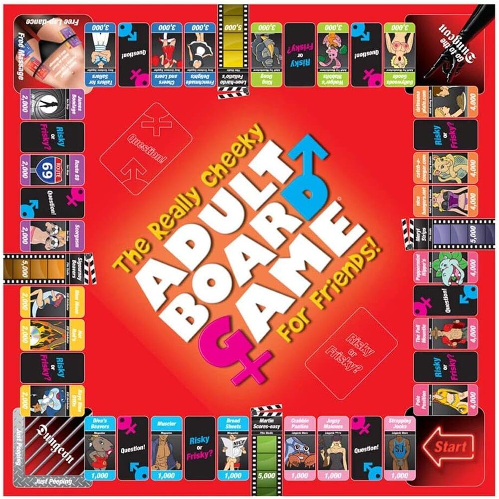 The image shows a vibrant and colorful adult board game set, including the board, various game pieces, cards, and dice. The game pieces are designed with playful names like Cock, Beaver, Puppies, and others, and the theme of the game is evident from the bold, red background and the game's packaging.