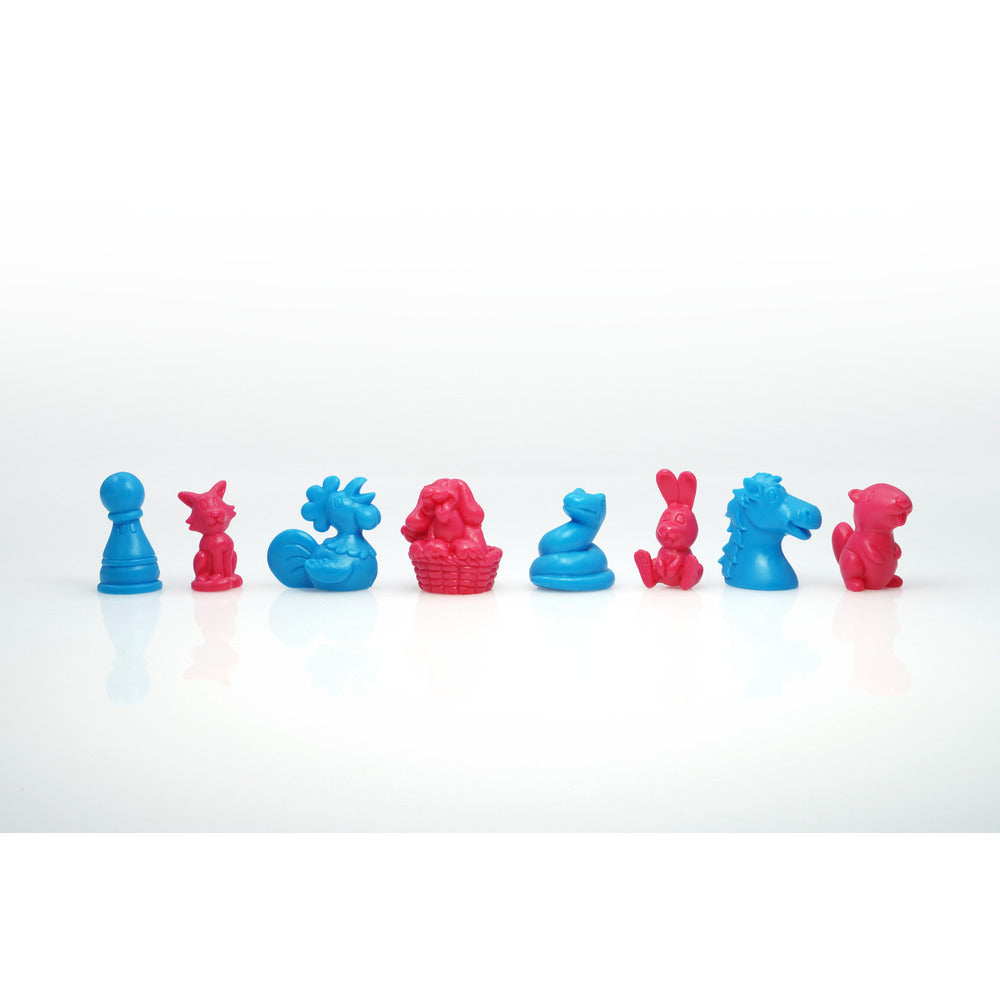 The image shows a vibrant and colorful adult board game set, including the board, various game pieces, cards, and dice. The game pieces are designed with playful names like Cock, Beaver, Puppies, and others, and the theme of the game is evident from the bold, red background and the game's packaging.