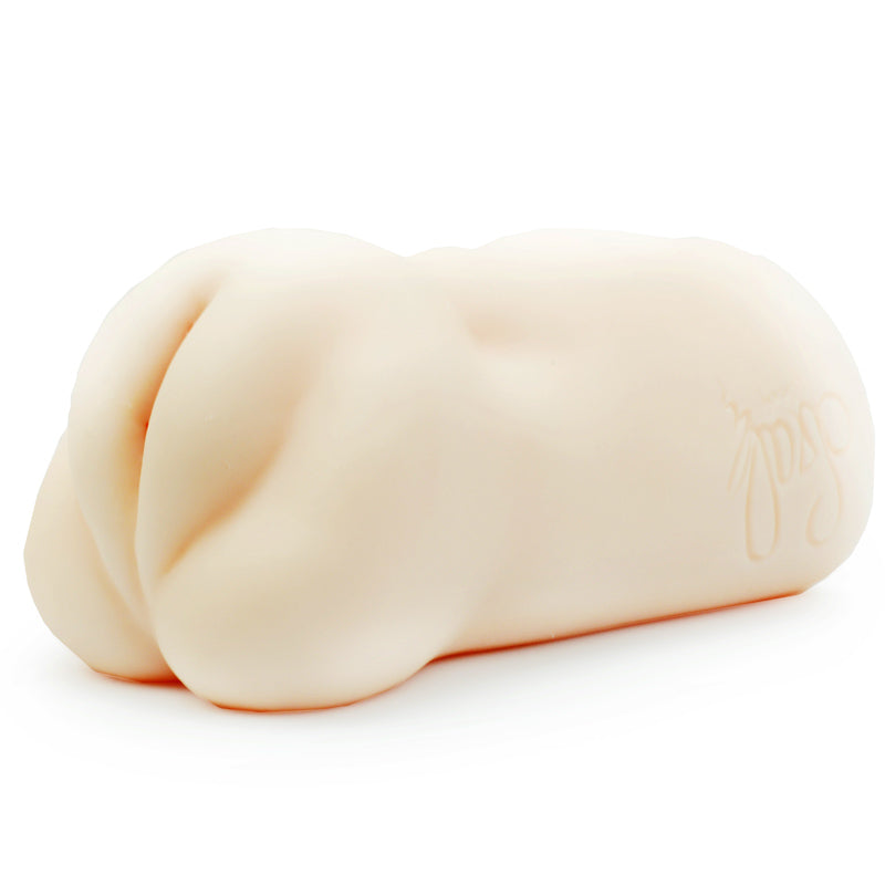 A flesh-pink colored masturbator with a complex textured interior designed to mimic the female genitalia, featuring an autograph on the exterior.